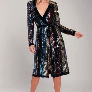 Lulus Rainbow Striped Sequin Midi Robe Dress (NWT)